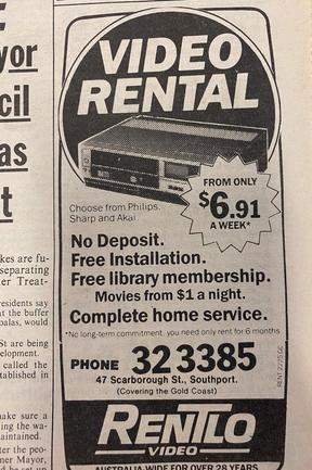 It was once cheaper to rent a VCR than buy one. Advertisements from the Gold Coast Bulletin, July 1985