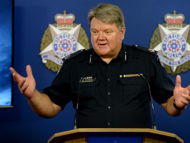 MELBOURNE, AUSTRALIA - NewsWire Photos AUGUST 28, 2020: Victoria Police Assistant Commissioner Luke Cornelius addresses the media about the police's response to the illegal anti-maskers protest planned for Melbourne on September 5. Picture: NCA NewsWire / Andrew Henshaw