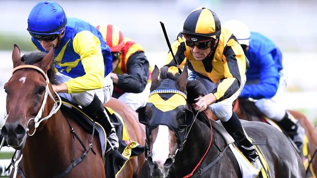 Trapeze Artist ridden by Tye England (right) wins race 7, the Schweppes All Aged Stakes during the All Aged Stakes Day at Royal Randwick racecourse in Sydney, Saturday, April 21, 2018. (AAP Image/David Moir) NO ARCHIVING, EDITORIAL USE ONLY