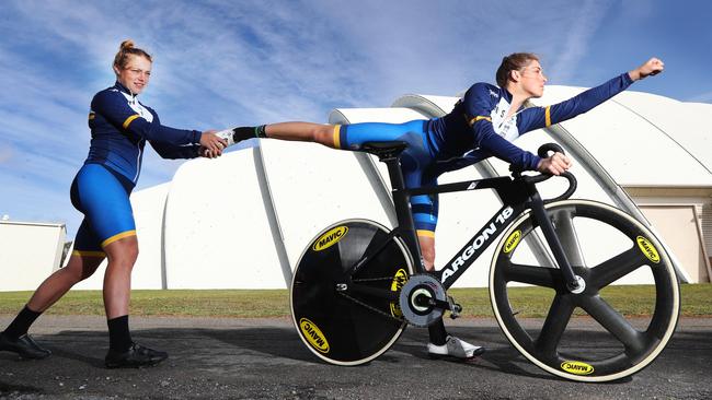 Kristina Clonan and Macey Stewart at the Adelaide SuperDrome last week. Picture: Tait Schmaal.