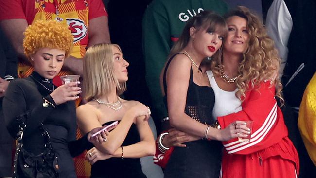 Singer Taylor Swift and actress Blake Lively prior to Super Bowl LVIII between the San Francisco 49ers and Kansas City Chiefs at Allegiant Stadium on February 11, 2024 in Las Vegas, Nevada. Picture: Steph Chambers/Getty Images.