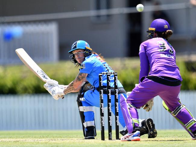 Strikers bowler Sarah Coyte shows off her newly learnt ramp shot in a Player of the Match performance against Hobart Hurricanes at Allan Border Field in Brisbane on Saturday, October 26, 2019. Picture: AAP