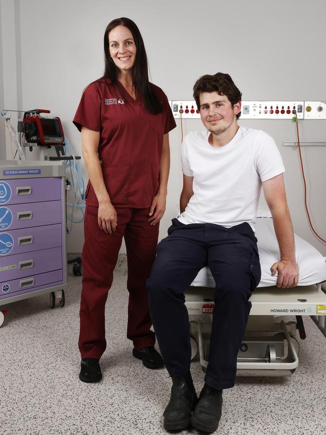 Harley Phipps with Chelsey Vladic clinical nurse consultant at the Royal Hobart Hospital. Harley Phipps, 19, who spent an extended period of time at the Royal Hobart Hospital recovering from injuries sustained in a motorbike accident. Picture: Nikki Davis-Jones