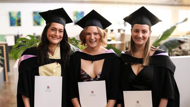 Master of Physiotherapy graduates Tyra Sandercock, Molly Duigan, and Kassy Tilyard at the University of Tasmania 2024 Winter Graduations ceremony in Launceston. Picture: Stephanie Dalton