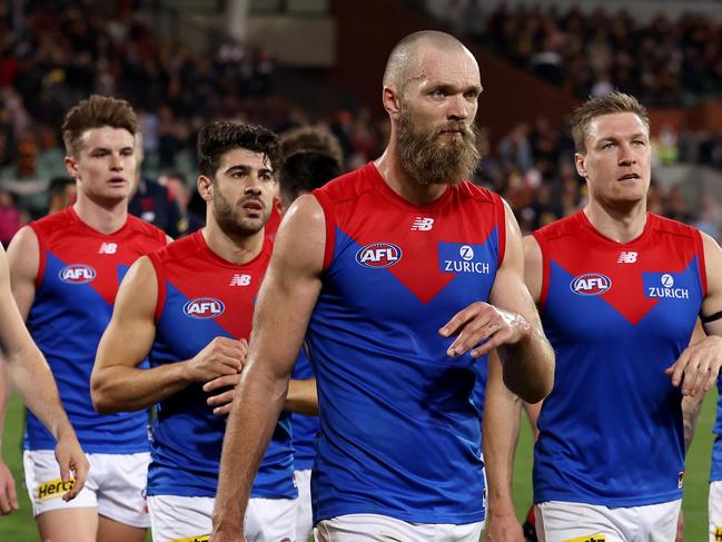 ADELAIDE, AUSTRALIA - MAY 22: The Demons after their loss during the 2021 AFL Round 10 match between the Adelaide Crows and the Melbourne Demons at Adelaide Oval on May 22, 2021 in Adelaide, Australia. (Photo by James Elsby/AFL Photos via Getty Images)