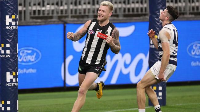 Jordan De Goey celebrates a goal for the Magpies as Collingwood triumphed over Geelong at Optus Stadium in Perth Picture: Getty Images