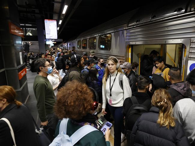 Commuters at the start of the peak hour rush at Town Hall Station in Sydney during another train strike. Picture: Jonathan Ng