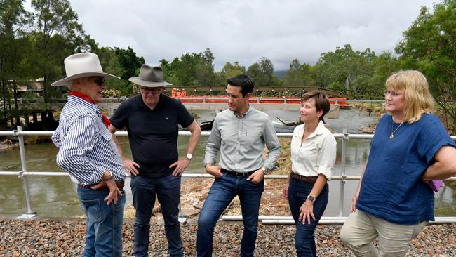 Thursday February 6. Heavy rain causes flooding in North Queensland. The Prime Minister will visit Ollera Creek where the Australian Defence Force is delivering a temporary bridge structure to support rescue efforts. Member for Kennedy Bob Katter with the PM Anthony Albanese, Premier David Crisafulli, Minister for Emergency Management Jenny McAlister and Minister for Local Government and Water Ann Leahy. Picture: Evan Morgan