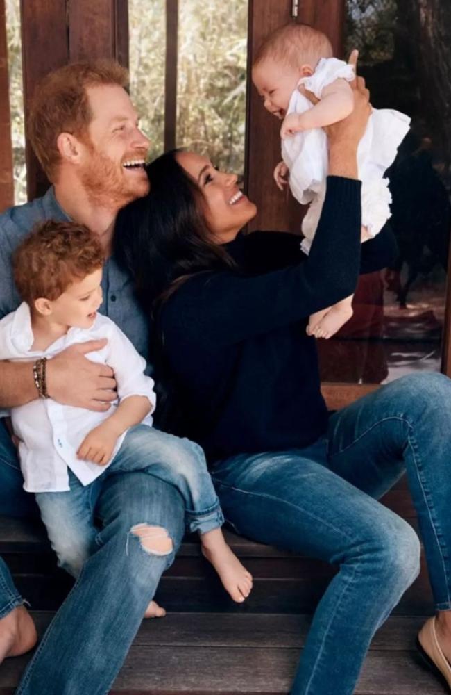 Prince Harry and Meghan Markle with Archie and Lilibet in their 2021 Christmas card photo. Picture: Alexi Lubomirski/Handout/The Duke and Duchess of Sussex