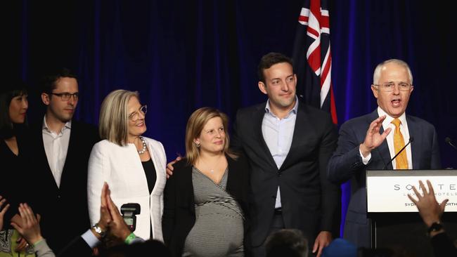 Malcolm Turnbull greets Liberal party supporters with his family. Picture: Ryan Pierse