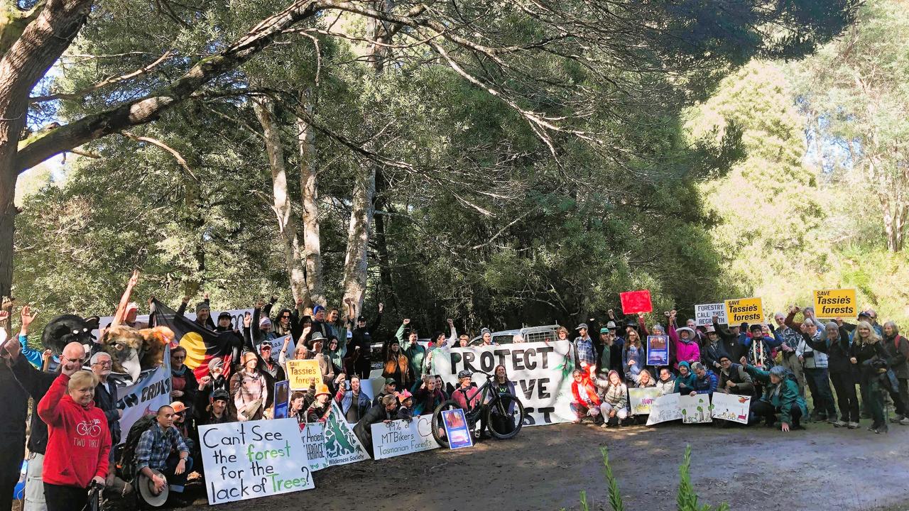 Locals concerned about logging plans near Maydena, including adjacent to the Maydena Bike Park and Junee Cave State Reserve, gathered to express their opposition to the plans. Picture: Supplied