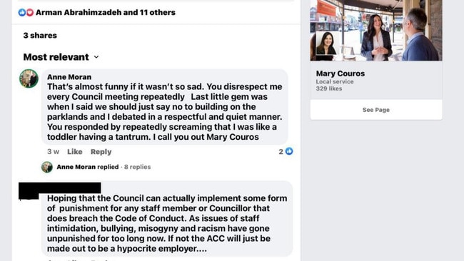 Comments on the Facebook post by Adelaide City councillor Mary Couros. Picture: Facebook