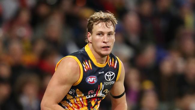 ADELAIDE, AUSTRALIA - JULY 02: Jordan Dawson of the Crows during the 2022 AFL Round 16 match between the Adelaide Crows and the Melbourne Demons at the Adelaide Oval on July 02, 2022 in Adelaide, Australia. (Photo by Sarah Reed/AFL Photos via Getty Images)