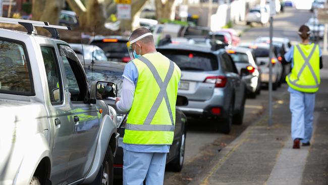 Cars line up at a Sydney COVID-19 testing facility. Picture: Gaye Gerard