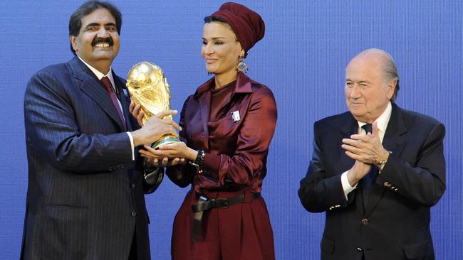 Emir of the State of Qatar Sheikh Hamad bin Khalifa Al-Thani (R), his wife and Sepp Blatter.