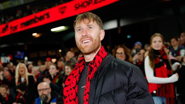 MELBOURNE, AUSTRALIA – AUG 16: Essendon retiree Dyson Heppell is seen during the 2024 AFL Round 23 match between Essendon Bombers and the Sydney Swans at Marvel Stadium on August 16, 2024 in Melbourne, Australia. (Photo by Dylan Burns/AFL Photos via Getty Images)