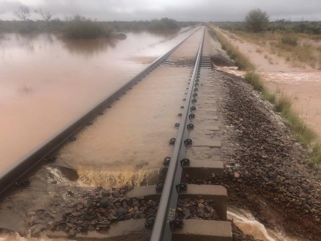 A section of the railway into the NT from South Australia, cut off and wrecked by flooding. Picture: Australian Rail Track Corporation