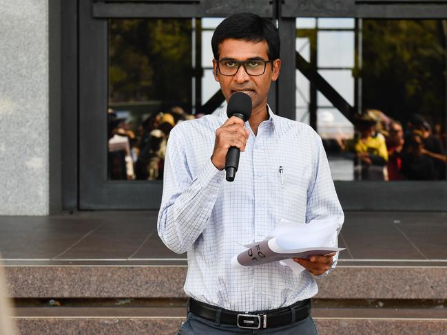 Dr Edwin Joseph, head of the Multicultural Council NT, spoke at the rally. Pic: Pema Tamang Pakhrin