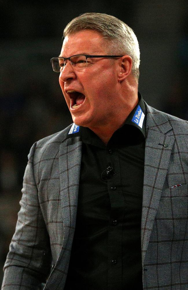 Melbourne United coach Dean Vickerman was animated as his charges almost surrendered a 22-point lead. Picture: AAP