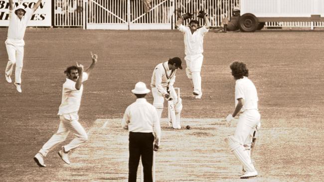 Dennis Lillee traps Alan Knott lbw to end the CentenaryTest in 1977.