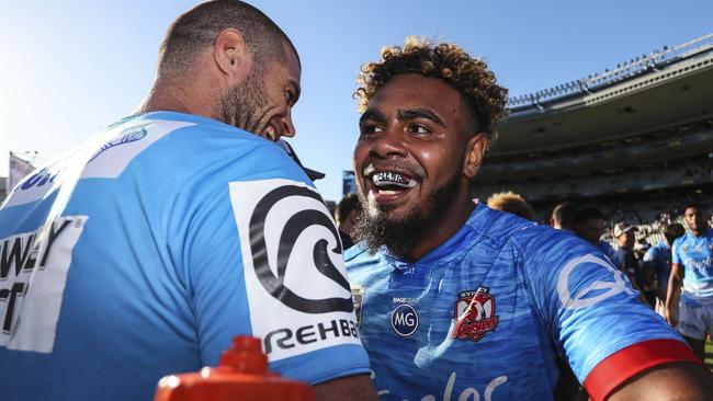 Roosters young gun Bernard Lewis celebrates winning the 2017 Auckland Nines.