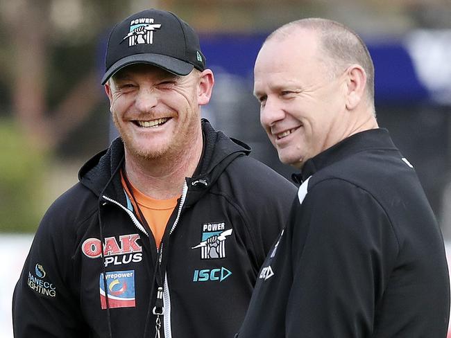 Port Adelaide Training at Alberton Oval. Michael Voss has a good laugh with Ken Hinkley. Picture SARAH REED