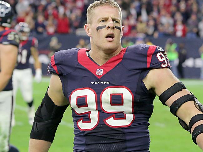 HOUSTON, TX - DECEMBER 28: J.J. Watt #99 of the Houston Texans celebrates his sack against Blake Bortles #5 of the Jacksonville Jaguars in the fourth quarter in a NFL game on December 28, 2014 at NRG Stadium in Houston, Texas. It was Watt's 20th sack for the season.(Photo by Thomas B. Shea/Getty Images)