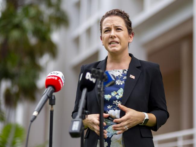 NT leader of the opposition Lia Finocchiaro spoke outside of the Legislative Assembly of the Northern Territory and called the decision to remove the wage freeze a “humiliating backflip”. Picture: Floss Adams.