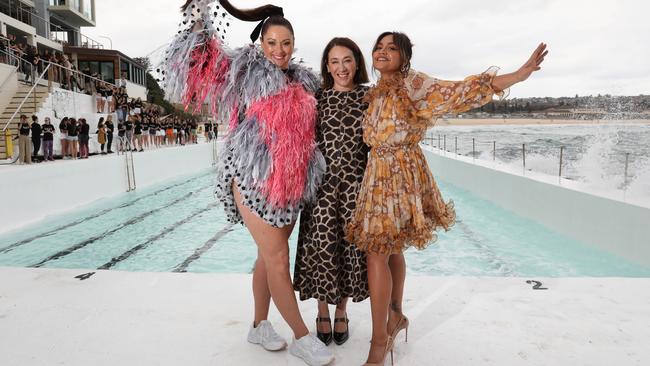 Celeste Barber, Edwina McCann and Jessica Mauboy pictured at the Vogue 60th Anniversary Breakfast, Bondi Icebergs, Bondi Beach, Sydney. 12th December, 2019. Picture by Damian Shaw