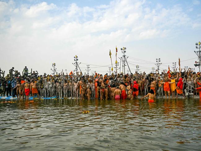 Pilgrims continued to swim in the Sangam, the confluence of Ganges, Yamuna and mythical Saraswati rivers, after the stampede. Picture: AFP