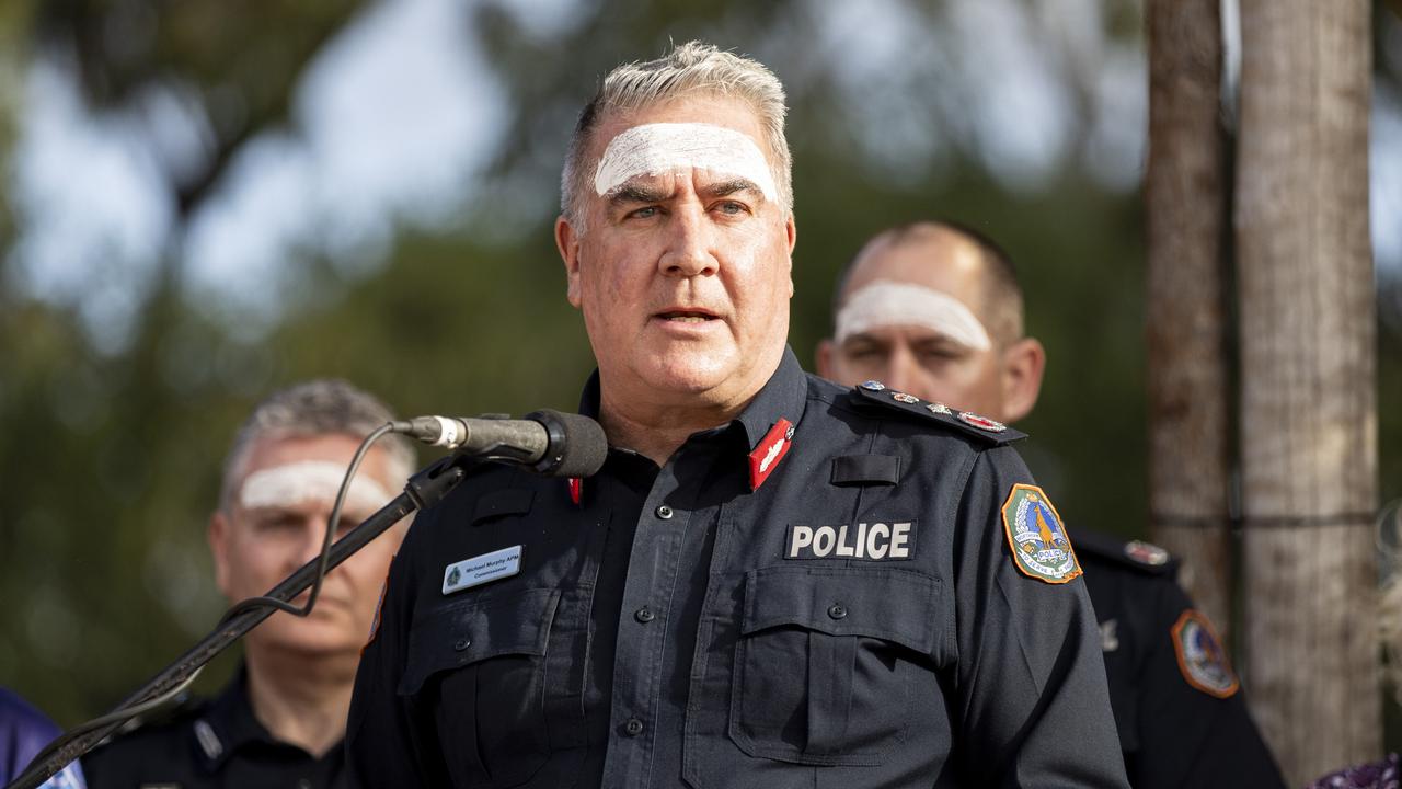 NT Police Commissioner Michael Murphy delivers an apology to First Nations people at Garma. He pledges to eliminate racism and is determined to improve relations between police and First Nations people. Picture: Teagan Glenane/YYF