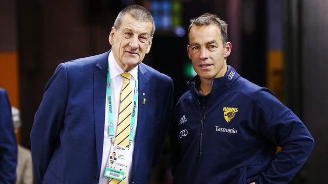 Hawks head coach Alastair Clarkson (right) with former Hawks president Jeff Kennett on July 22, 2018. Photo: Michael Dodge/Getty Images