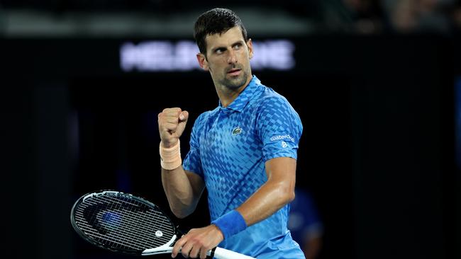 Novak Djokovic celebrates a point in his win over Spain’s Roberto Carballes Baena - which was hidden from free-to-air viewers. Picture: Getty