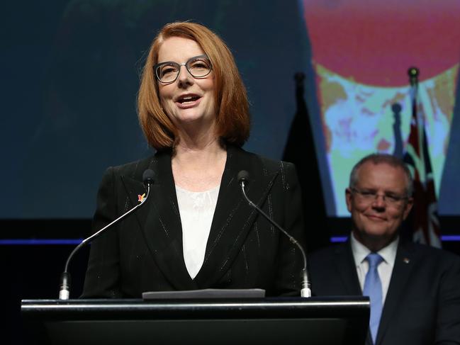 ‘She showed a lot of class’ … former PM Julia Gillard is praised by Mr Morrison for not joining the “pile-on” after he lost office.