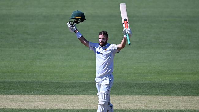 HOBART, AUSTRALIA – FEBRUARY 18: Caleb Jewell of the Tigers celebrates scoring a double century during the Sheffield Shield match between Tasmania and Western Australia at Blundstone Arena, on February 18, 2024, in Hobart, Australia. (Photo by Steve Bell/Getty Images)