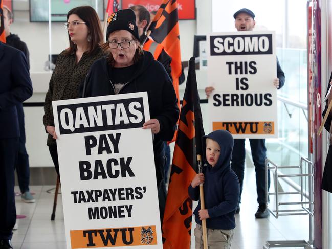 Qantas and Jetstar workers protest against plans to replace them with workers on below award wages. Picture: NCA NewsWire / Kelly Barnes