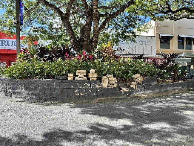 Damage to brickwork of a garden bed in the centre of East Street near the Fitzroy Street intersection believed to have been caused by Trent Keith Johnston.