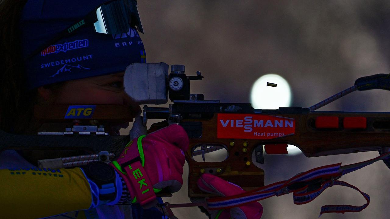 Linn Persson of Sweden takes aim in the women’s 4x6km relay at the IBU Biathlon World Cup in Germany. Picture: Tobias Scwarz/AFP