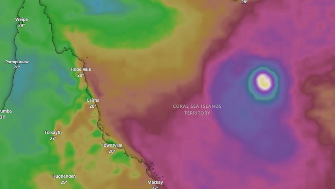 A screenshot of the predicted path shows Alfred off the Queensland coast on Wednesday morning. Picture: Windy.com.