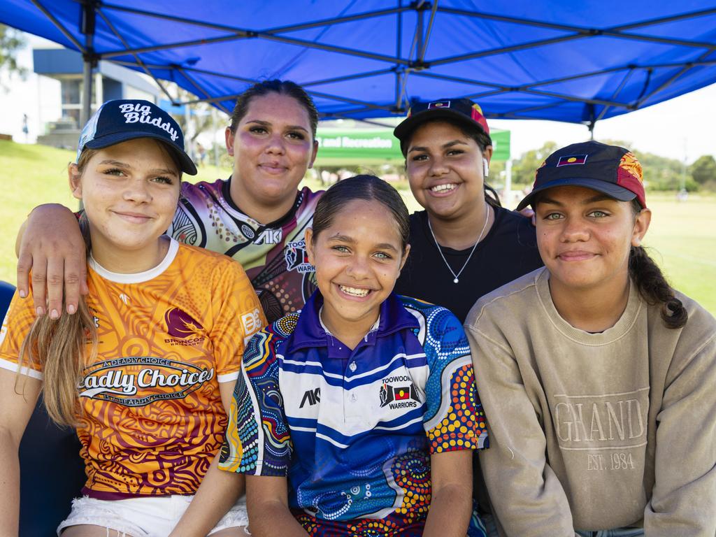 At the Warriors Reconciliation Carnival women's games are (from left) Peppa Collins, Warriors player Poppie Collins, Tallahni Brown-Duncan, Carly-Jane Widgell and Kahlari Prince at Jack Martin Centre hosted by Toowoomba Warriors, Saturday, January 18, 2025. Picture: Kevin Farmer