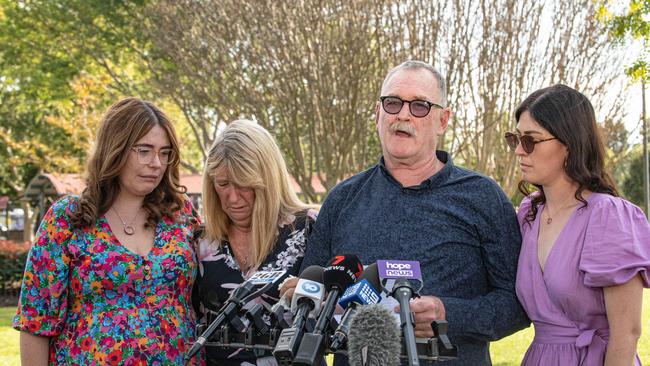 Steven’s wife, Madison, mother Gillian, dad, Jeff, and sister Jessica during a press conference after a visit to the floral tribute. Picture: NCA NewsWire/ Flavio Brancaleone.