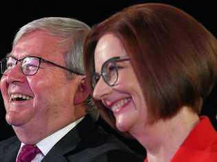 Former Australian Prime Ministers Kevin Rudd and Julia Gillard react as they listen to Australian Opposition Leader Bill Shorten deliver a speech at the Labor Party campaign launch for the 2019 Federal election at the Brisbane Convention Centre in Brisbane, Sunday, May 5, 2019. Picture: LUKAS COCH