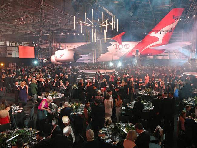 Guests attend the Qantas 100th Gala Dinner at Jetbase 96 hangar at Sydney's International Airport. Picture: Getty