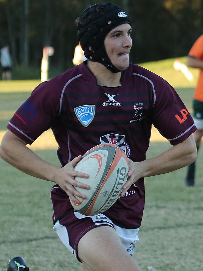 Nerang Bulls vs Surfers Paradise Dolphins Gold Coast District Rugby Union clash. Surfers Player No Nerang Player No11 Logan Watene Pic Mike Batterham