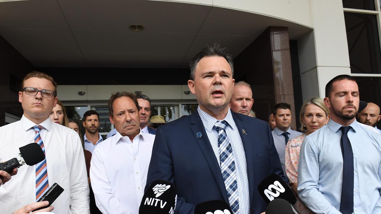 Rolfe's defence gives a statement outside NT Supreme Court after the jury delivered a not guilty charge on all three counts. Picture: (A)manda Parkinson