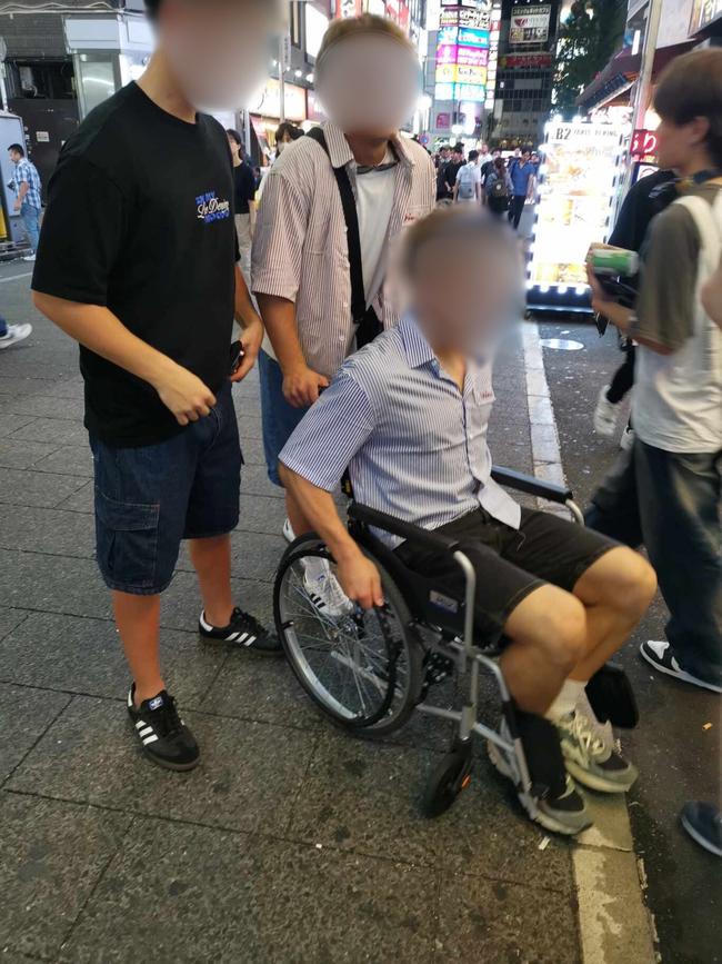 A photo of the boys was posted by the wheelchair owner to social media. News.com.au has chosen to blur their faces as they are under 18. Picture: Supplied