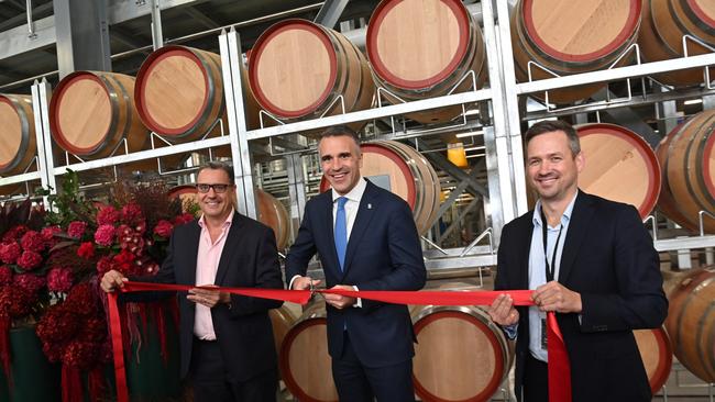 Official unveiling of Treasury Wine Estate's new $165m state-of-the-art wine production facility with CEO Tim Ford, South Australian premier Peter Malinauskas and chief supply officer Kerrin Petty.