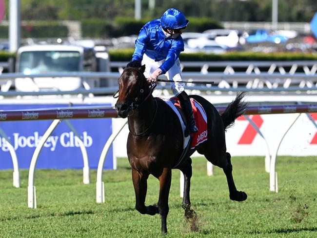 James McDonald admires his work aboard Broadsiding in the Group 1 JJ Atkins for trainer James Cummings. Picture: Grant Peters - Trackside Photography