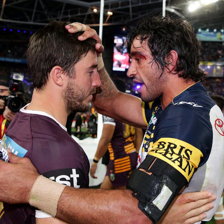 Ben Hunt and Johnathan Thurston after the 2015 NRL Grand Final. Picture: Adam Head