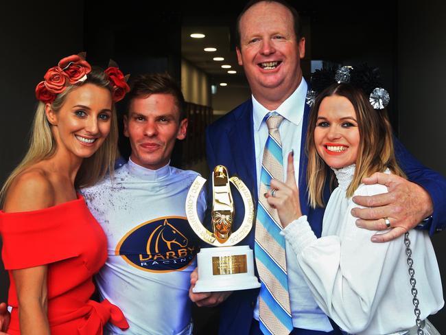 Winning trainer Gary Portelli and wife Kellie and jockey Ben Melham with partner Karlie Dales. Picture:  Jenny Evans